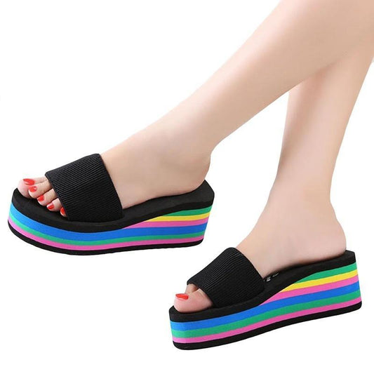 Women Sandals Platform Rainbow Non-Slip Thick Soled Wedge Slippers Summer Beach Slipper