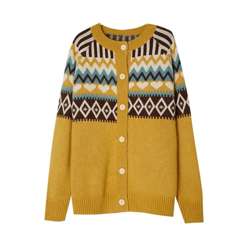Retro Love Jacquard Round Neck Sweater Loose Ethnic Style Sweater Cardigan Jacket Long-sleeved Warm Casual Jacket