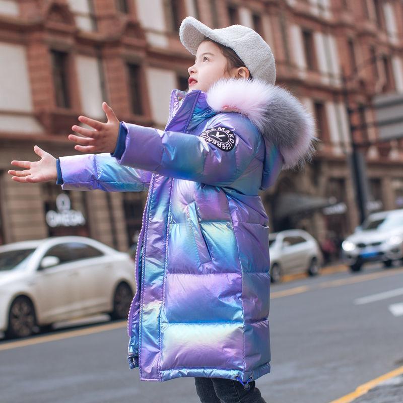 White Duck Down Children's Down Jacket Mid-length Fashion Boys and Girls Thickened Shiny Children's Clothing
