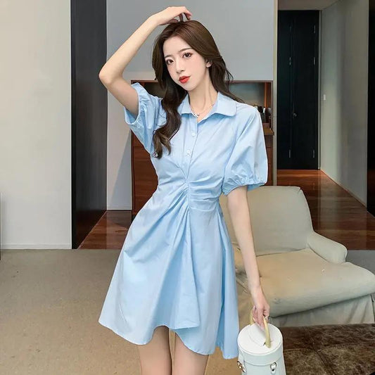 Summer Solid Color Temperament Puff Sleeve Pleated Short Sleeve Design Shirt Dress