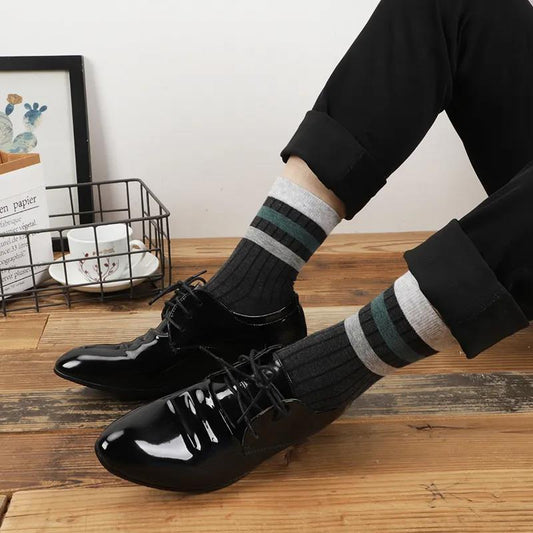Men's Tube Socks Striped Business Cotton Socks Five Pairs of Sweat-absorbent and Breathable Stockings
