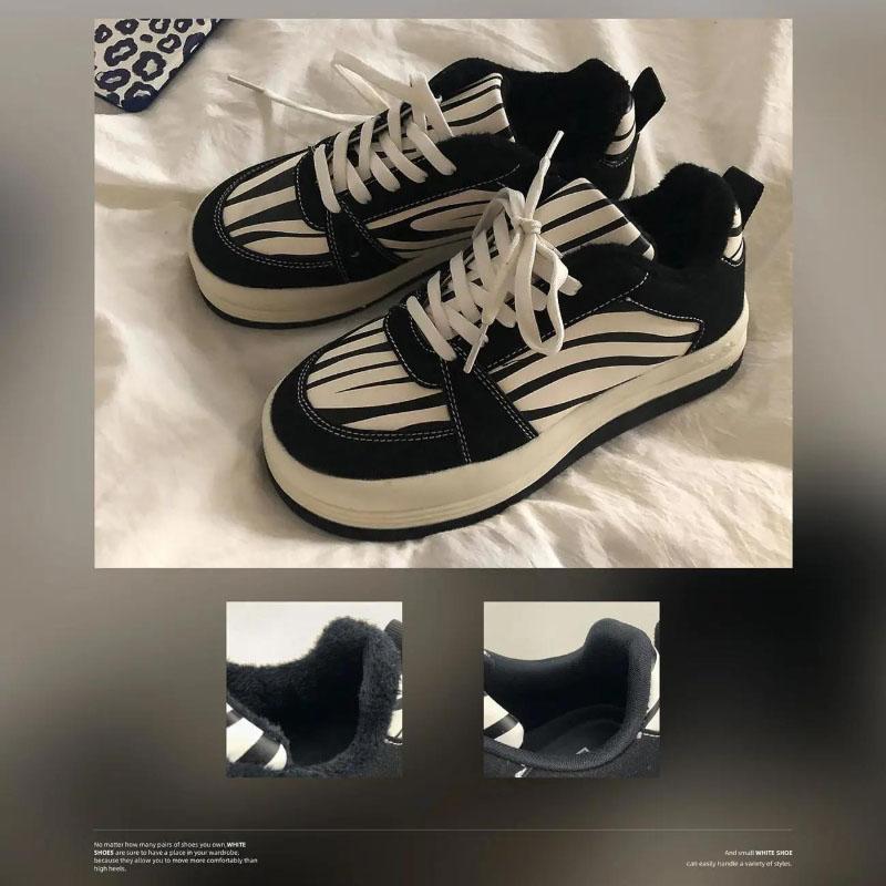Zebra Pattern Women's Round Toe Thick-soled Winter Plus Velvet Black Autumn and Winter Cotton Shoes