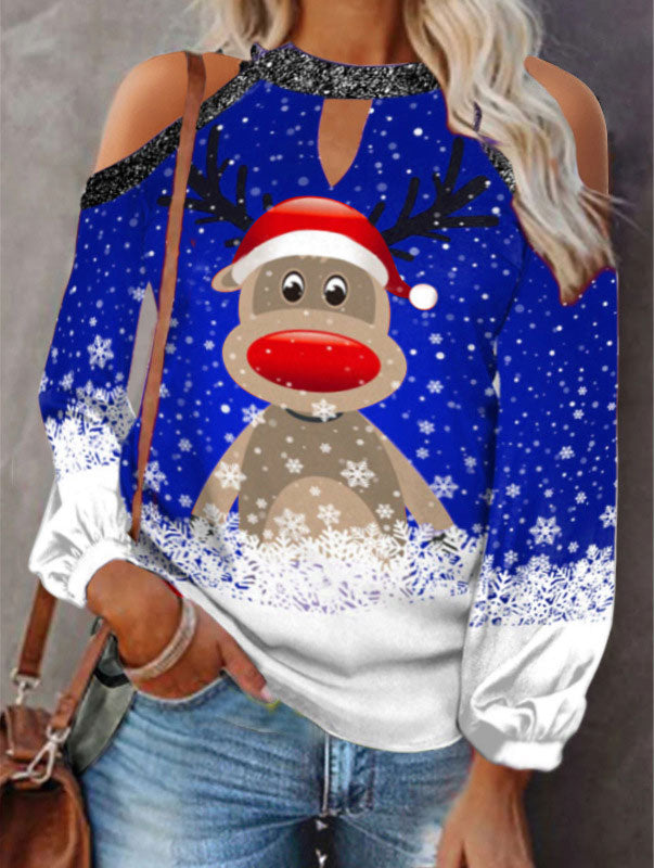 Elk Print T-Shirt Round Neck Off Shoulder Top Christmas Ladies Vintage Long Sleeve Shirt Women Sexy Tops Harajuku Graphic Tee