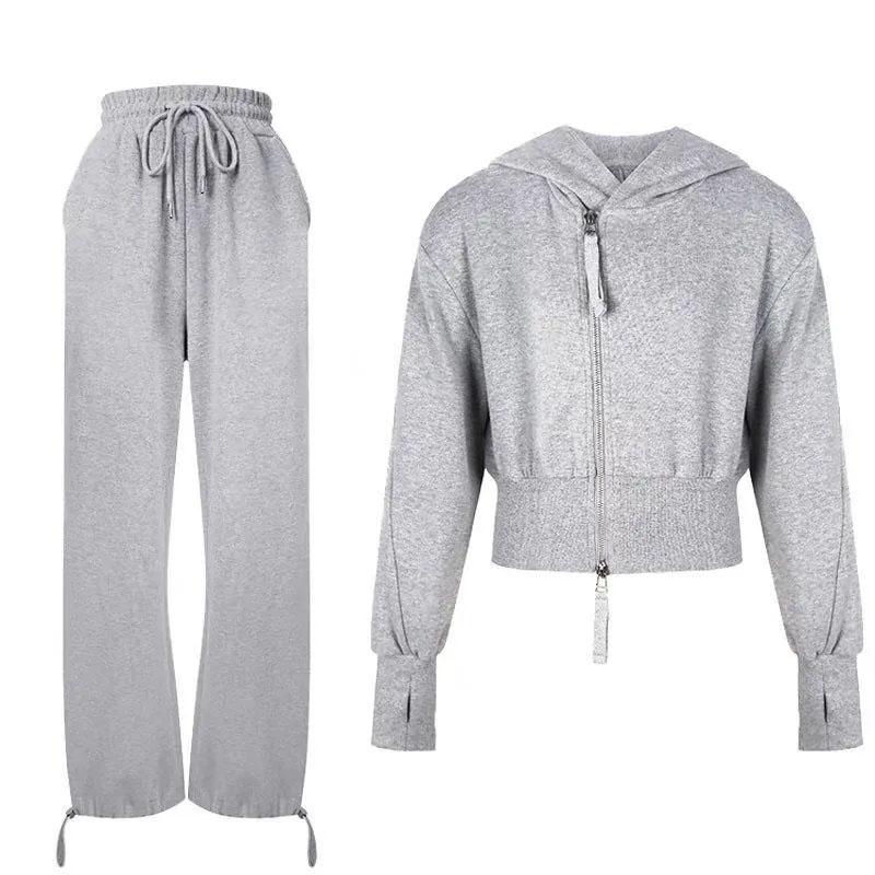 2PCS Women's Spring and Autumn Hooded Sweater Suit Ladies Waist Thin Cardigan + Legging Casual Sports Pants Two-piece Student Fitness Jogging Suit