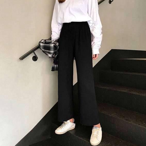 Wide Leg Pants Women Solid High Waist Trousers Pleated Loose Casual Elegant Korean Style Chic School Daily Girls