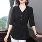 Short-sleeved Chiffon Shirt Women's Mid-sleeve Summer Loose Belly Cover Waist Top Solid Color V-neck Large Size Mid-length Thin Blouses Drawstring Top