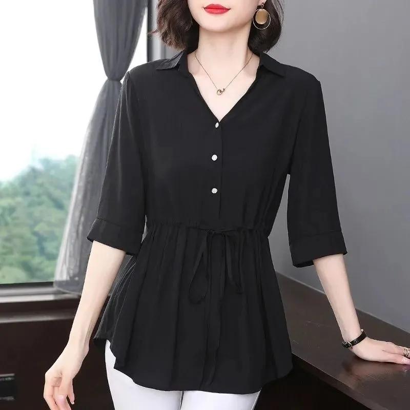 Short-sleeved Chiffon Shirt Women's Mid-sleeve Summer Loose Belly Cover Waist Top Solid Color V-neck Large Size Mid-length Thin Blouses Drawstring Top