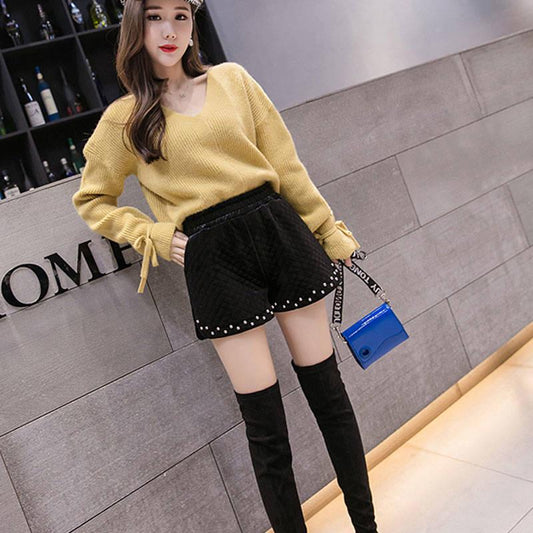 Woolen Shorts Women High Waist Slim Women's Shorts Thicken Warm Short Pants Vintage Shorts