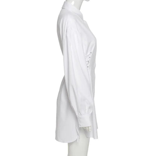 Female Vintage Solid Color Shirt Club Dress Loose Tie Strap Waist Slim Elegant Streetwear Dress