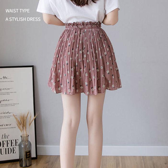Pofulove Women Pleated Chiffon Skirt High Waist Slim Floral Package Hip Skirts Mini A-line Skirt