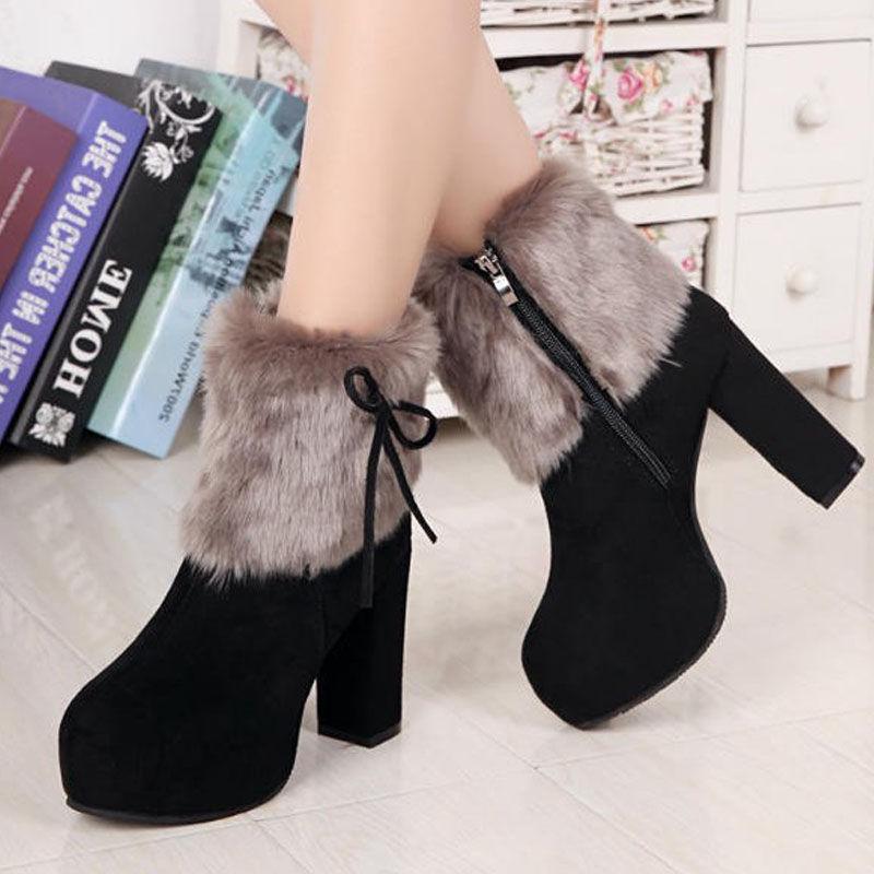 Winter Snow Boots High Heels Thick Bottom Middle Boots Cotton Shoes Black Plush Ladies Boots Women