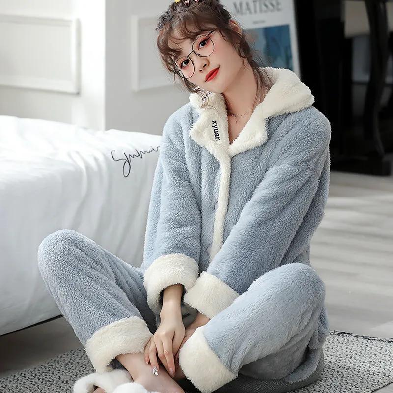 Women's Thick Coral Fleece Pajamas Set Winter Warm Flannel Home Wear Suit Cute Lapel Button Sleeping Suit Long Sleeves Sleeping Suit