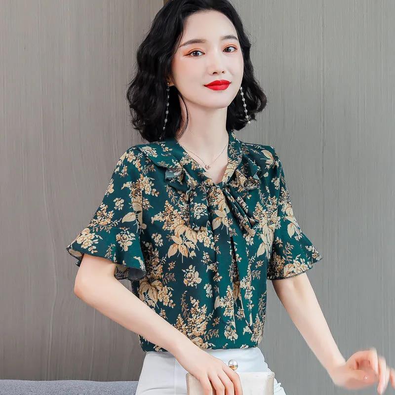 Women's Summer Short Sleeve Chiffon Shirt Loose Floral Top