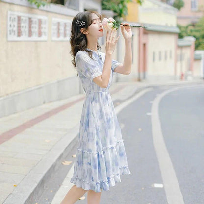 French Sweet Mid-length Dress Ruffled Gentle Cake Skirt Chiffon Mid-length Sweet Dress A-line Dress with Waist and Thin