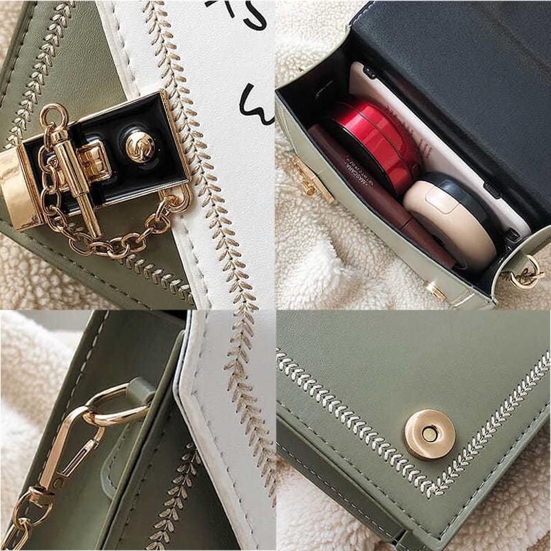 Women PU Box Bag Chain Letters Clutch Purse Shoulder Crossbody Bags Contrasting Color Stitching Design