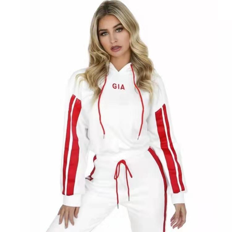 2PCS Sports Suit Colorblock Striped Lace-Up Short Hooded Casual Sweater Jogging Pants Set Autumn Warm Suit Athletic Clothing for Women