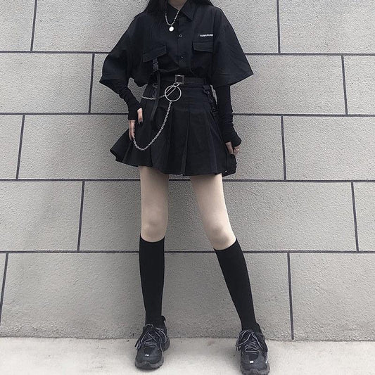 Hip-hop Style Women Sexy Black Cool Girls Shirt Skirt Spring and Summer Two-piece Skirt Suit