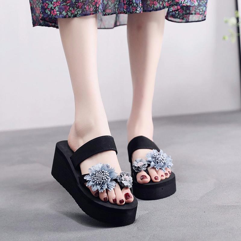 Summer Cute Sandals Female High-heeled Flip Flops Female Slippers Non-slip Slope with Thick-soled Seaside Vacation Beach Shoes