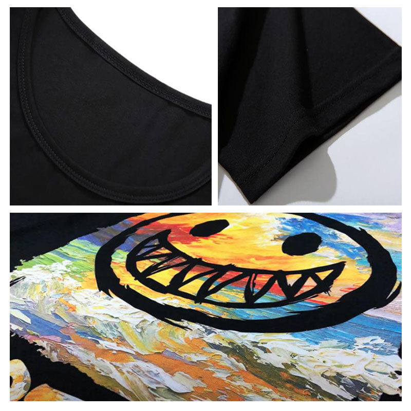 Oversized Hip Hop Tees Youth Trendy Personality T-shirts Summer Grimace Print Shirt O-neck Short Sleeve Casual Loose Pullover Men