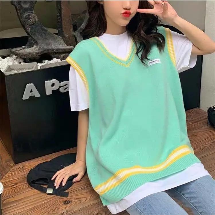 Spring and Autumn Sleeveless Knit Vest Vest Girl Student Loose All-match Sweater