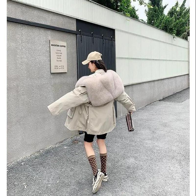 Parker Overcome Women's Detachable Imitation Fox Large Fur Collar Plush Liner Short Faux Fur Jacket Women's Warm Loose Large Size Cotton Jacket