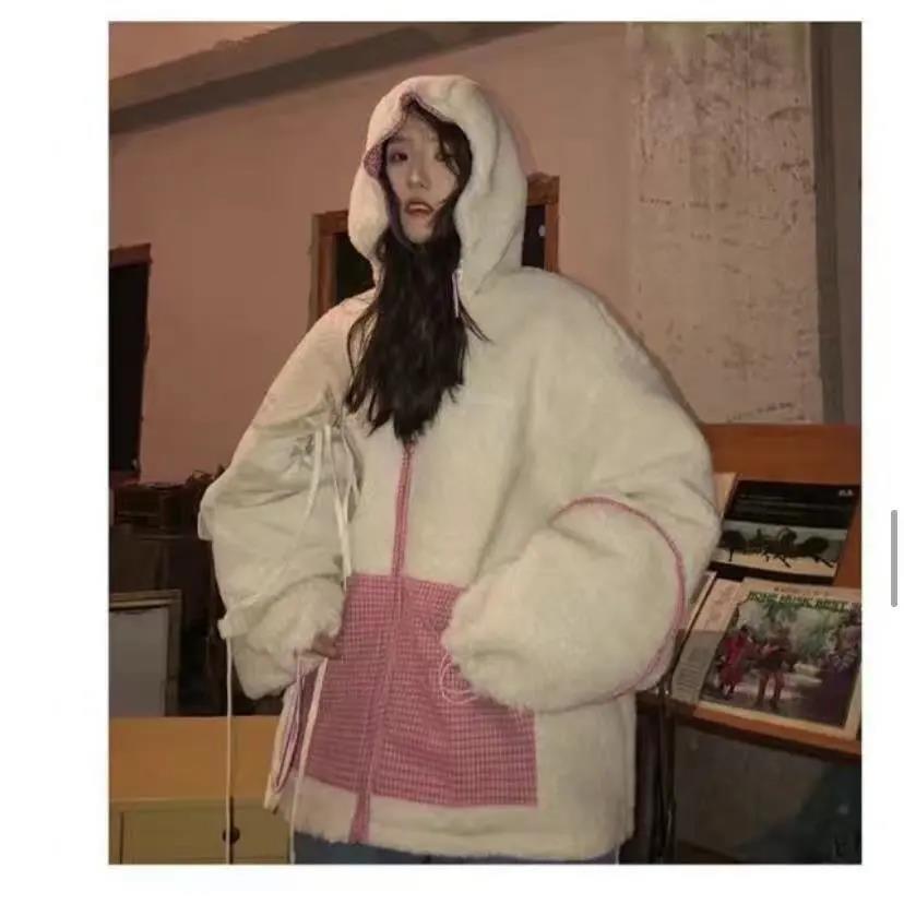 Cotton Jacket Female Chic Lamb Fur Coat on Both Sides Female Winter Retro Korean Loose Bf