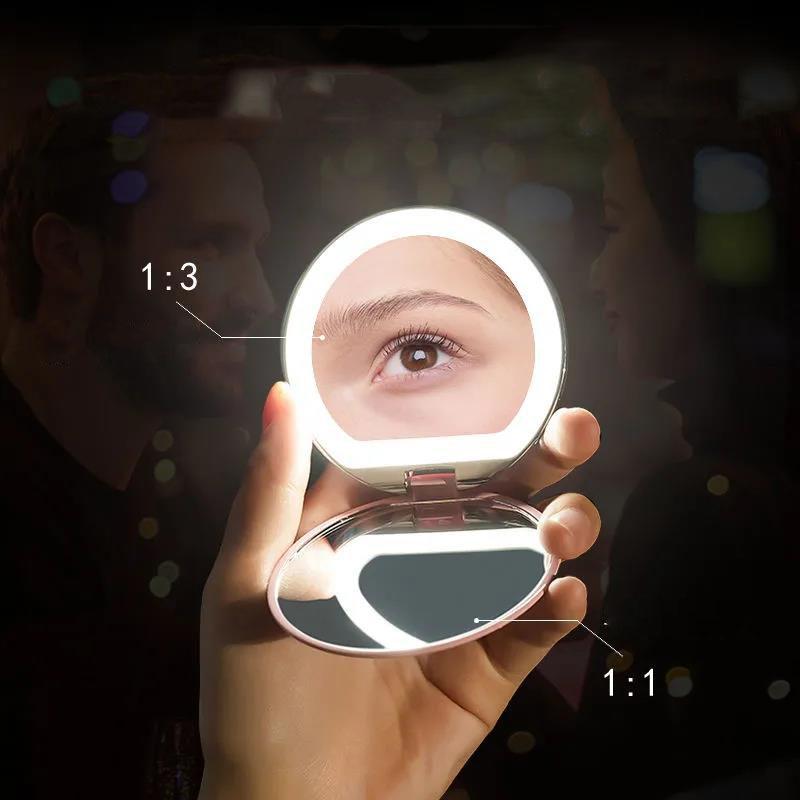 Ladies Portable Mirror USB Rechargeable LED Makeup Mirror Folding Light Convenient Small Mirror Beauty Makeup Mirror