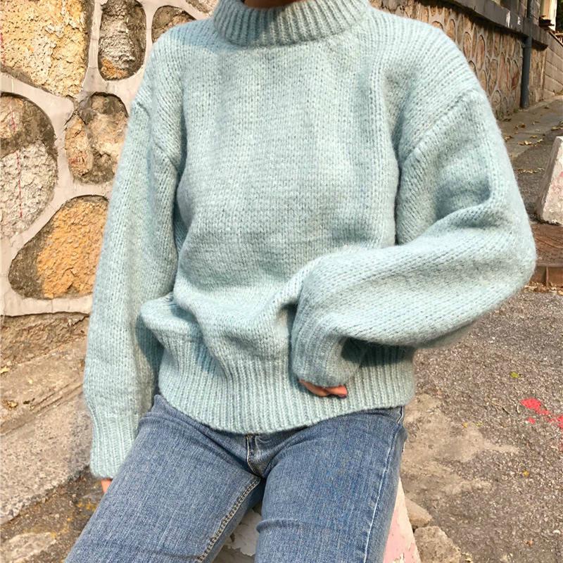 Pofulove Winter Small Fresh Solid Color Sweater Female Students Loose Long Sleeve Wind Coat