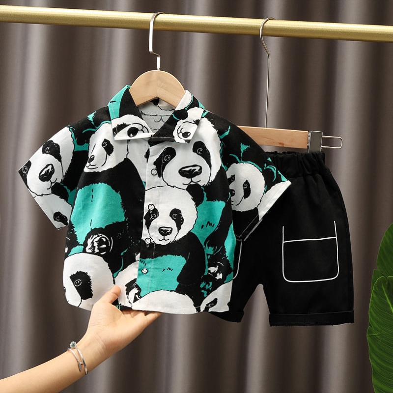 2PCS Children Clothing Set Spring Summer Boy's Printed Panda Shirt Shorts Single Breasted Thin Suits