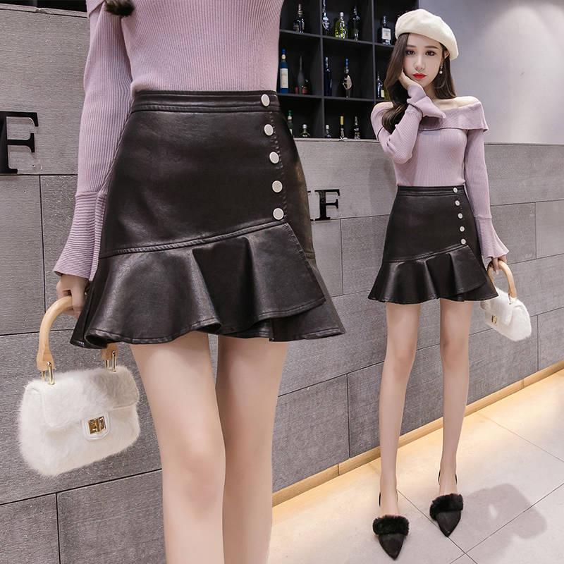 Vintage Elegant Black PU Skirts Women Faux Leather Bud Skirts Pleated Ladies Sexy Party Short Skirts