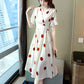 Women Summer Short Sleeve Long Dress Vintage High Waist V-neck Casual Dress Elegant Slim Dot Printed Pleated Party Dress