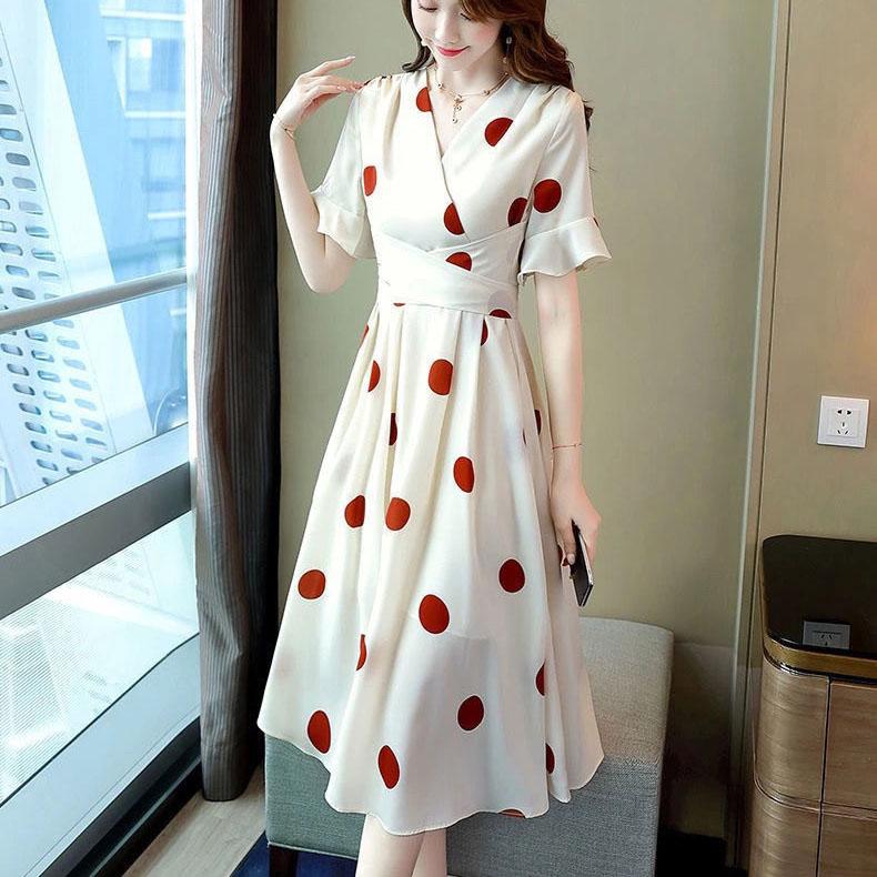 Women Summer Short Sleeve Long Dress Vintage High Waist V-neck Casual Dress Elegant Slim Dot Printed Pleated Party Dress