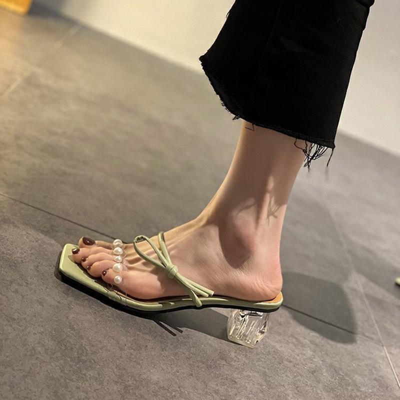 Crystal Heel Slippers Women's Summer Wear Fashion 2 Thick Heel Transparent Sandals