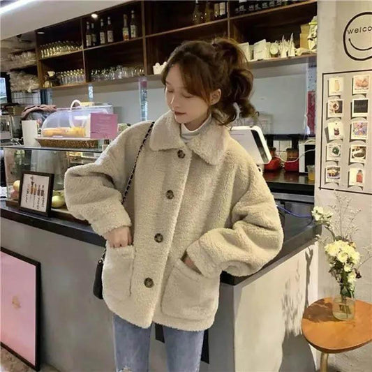 Winter Jacket Women Thick Velvet Korean Imitation Lamb Student Super Fire Loose Wild Plush Velvet Top