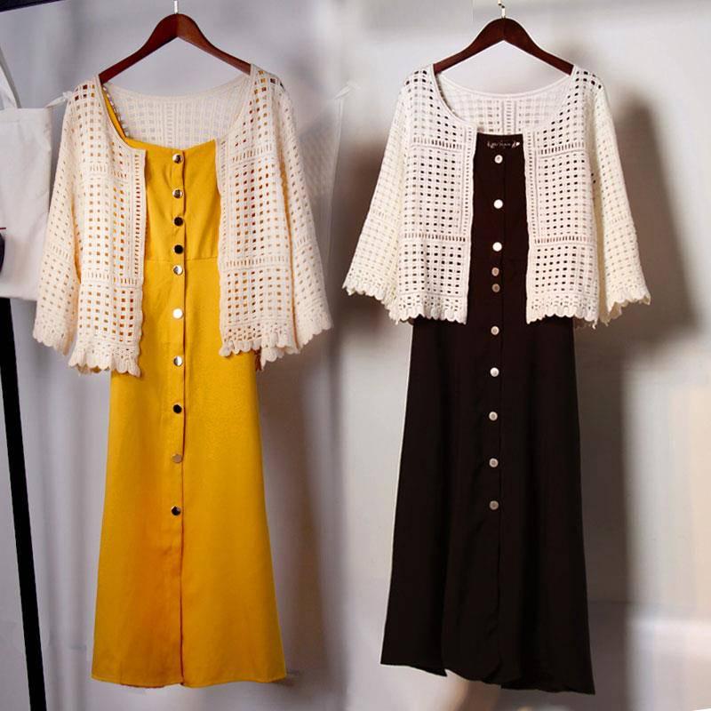Two-piece Sexy Women Dress Boho Sexy Dress Button Backless Beach Sundress Casual Vintage Dress