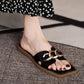 Full-leather Metal Buckle Open-toe Sandals and Slippers Women's Summer Square Head Flat-bottomed Fashion Half Slippers
