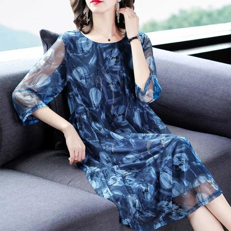 Middle-aged and Elderly Women's Clothing Is Thin and Foreign-style Mother Mesh Dress Printing Plus Fat Plus Size Skirt
