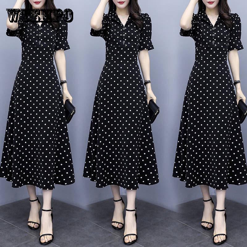 Ladies Polka dot Dresses V Neck Short Sleeve Solid Black Chiffon long Dress Women Fashion