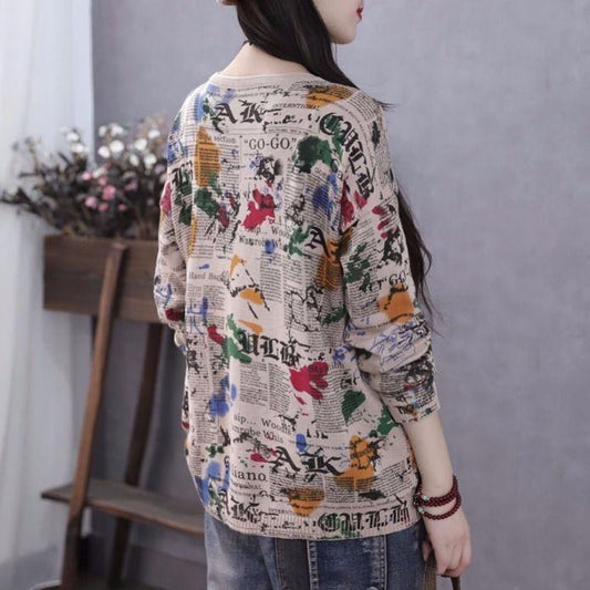 Women Vintage Printed Sweater Plus Size Ladies  Oversized Knitted  Pullover Bottoming or Outer Wear Jumper Tops Autumn Winter