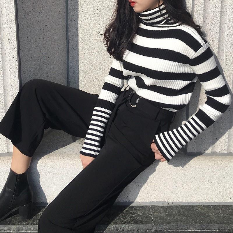 Sweater Women's Turtleneck Knitwear Black and White Striped Pullover Korean Slim Top Trendy Sweater Autumn and Winter Fashion