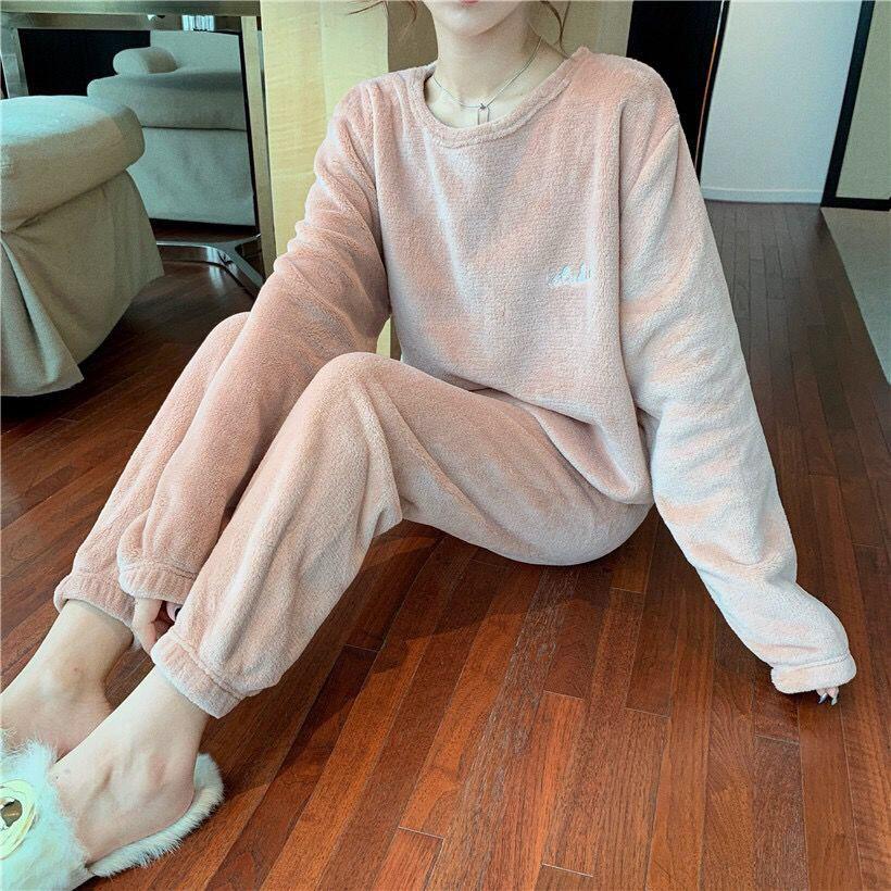 Winter Unsex Coral Fleece Pajamas Set Home Indoor Leisure Loose Warm Set