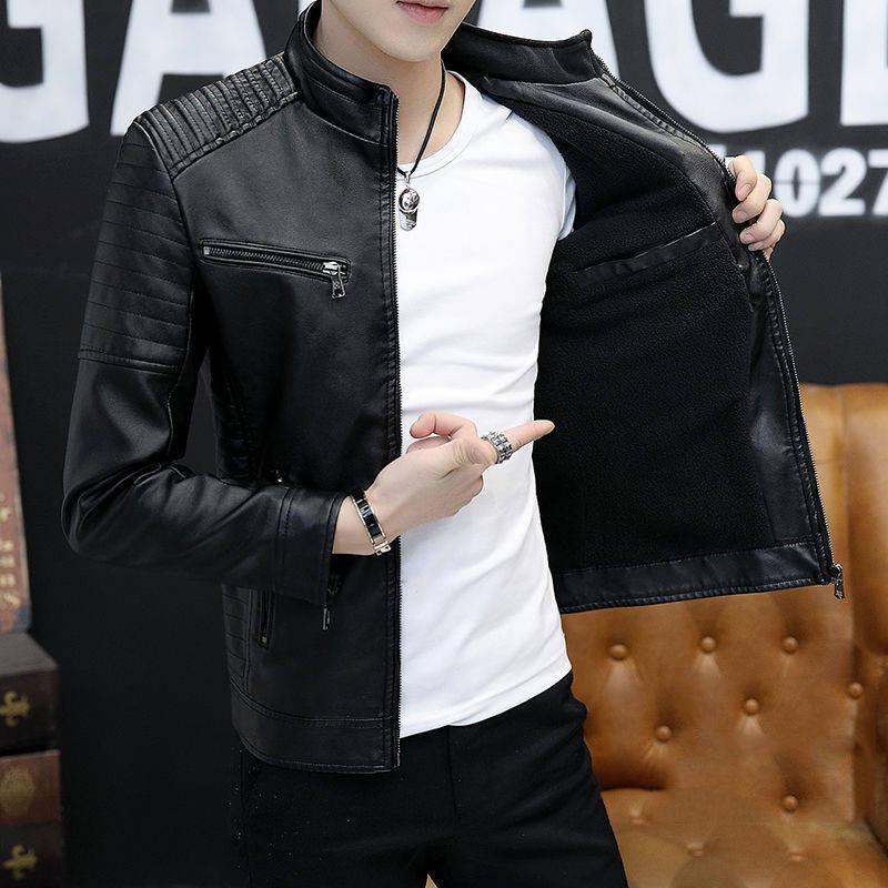 Men's Leather Jackets Slim Stand Collar Zipper Fashion Coat Motorcycle Leather Jacket Mens Coats