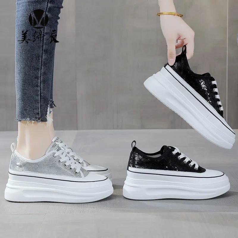Women's Platform Shoes Sequined Shoes Leather Breathable Inner Increase White Shoes Casual Shoes Female Students' Thick-soled Shoes