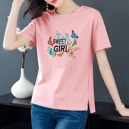Women Summer Short Sleeve T-shirt Vintage Round Collar Casual T-shirt Slim Elegant Large Sizes Print T-shirt