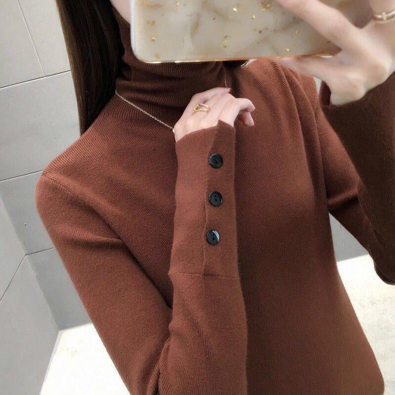 Pofulove Women Turtleneck sweater button warm Knitted Pullover Sweater Tops Pull Femme Jumper Winter