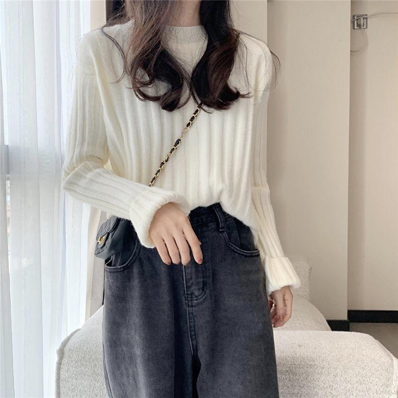 Autumn  Winter  Knitted Pullover Round Neck Versatile Thick Warm Woolen Sweater Bottoming Shirt  Vertical Stripes Loose