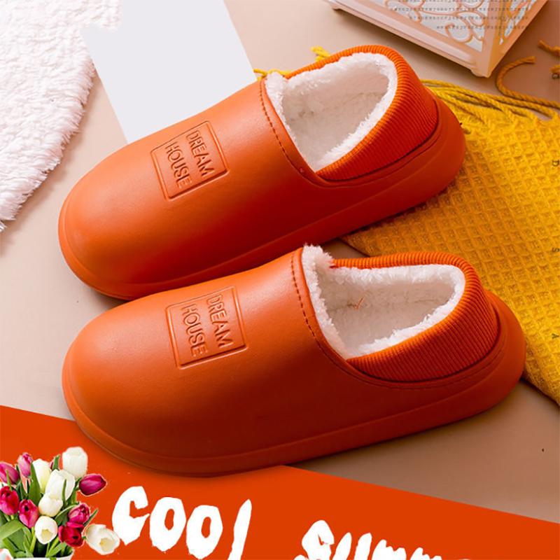 Autumn and Winter Couple Cotton Slippers Household Household PU Leather Warm Shoes Waterproof Non-slip Plush Slippers