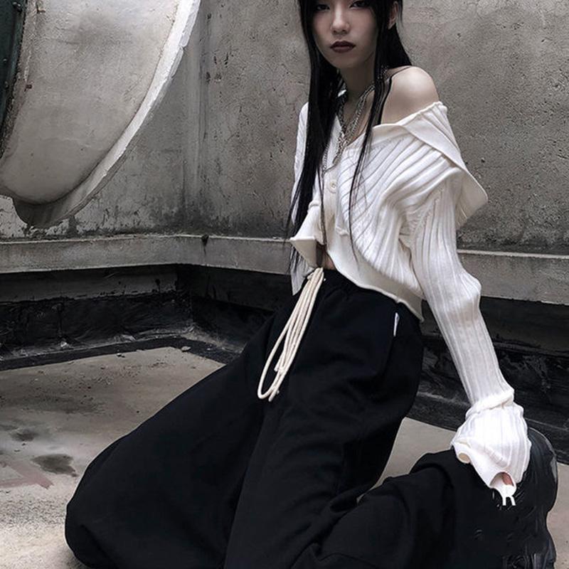 Short Cropped Cardigan Sweater Long-sleeved Slim Open-shoulder Punk Pull-shoulder Hooded Jacket