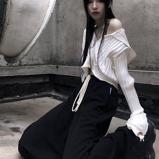 Short Cropped Cardigan Sweater Long-sleeved Slim Open-shoulder Punk Pull-shoulder Hooded Jacket