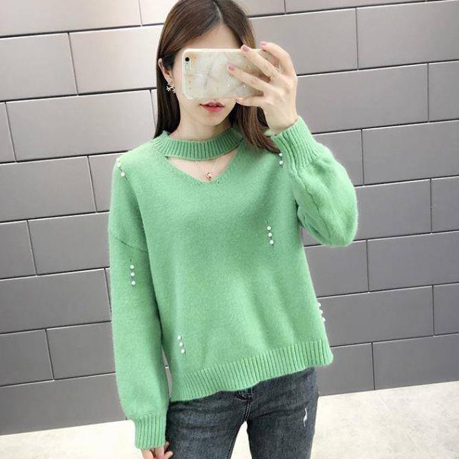 Pofulove Avocado Green Sweater Autumn Winter Loose Long-sleeved Shirt Beaded Sweater Women Tops